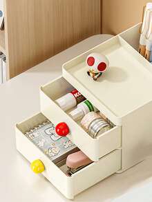 Minimalist Cute Dual-Layer Pen Holder Storage Box, Practical Cosmetic Organizer - Cream Yellow + Red Yellow - View 2