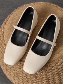 Coffee Mary Jane Square Toe 3cm Heel Pumps, Suitable For Work, Commute, Dinner Party, Vintage Black, Fashionable Casual Khaki Flats - Màu be - Xem 3