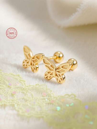 Artepollo 1 Par de Pendientes de Mariposa de Plata de Ley 925 Hipoalergénicos para Niños, Cierres Espirales que No Se Caen, Delicados y Lindos, Empaque de Caja de Regalo, Regalo para Niños, Niñas Jóvenes, Amigos Cumpleaños