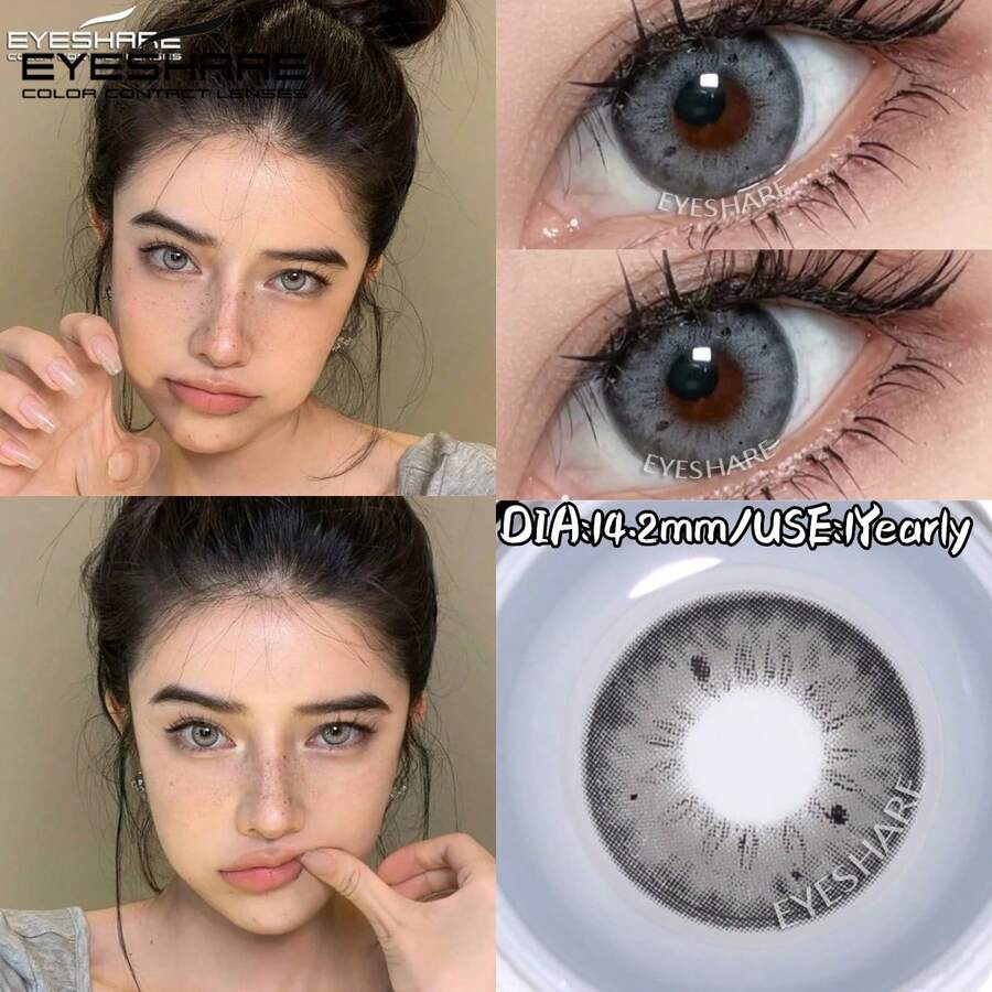 EYESHARE 1 Pair Colored Contact Lenses For Eyes Natural Brown Gray Colored Lens Contact For Blue Eyes Beauty Makeup Eye Lenses Yearly Use Green Beautiful Pupils, 14.2mm-No Power - 灰色 - 查看 1