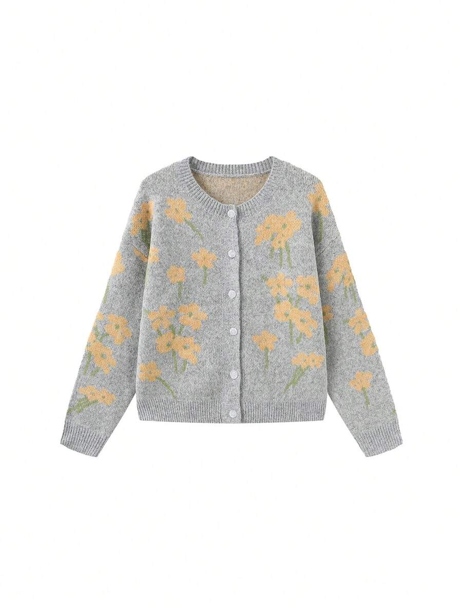 Joy Knit Women's Autumn/Winter Sweater, Fashion New Style - Basic Tops - Casual Versatile Elegant Design - Floral Jacquard Crew Neck Button Knit Cardigan Sweater Jacket - Office Outfits For Women - Going Out Tops - Party