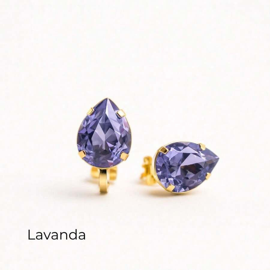Ear Without Piercing Drop Clip-On Earrings With Crystal | Gold Plated | NO EAR PIERCING REQUIRED - Lilac Purple - View 1