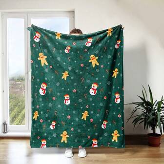 1 Piece Of Christmas-Themed Blanket, Featuring A Deep Green Main Body Adorned With Christmas Elements Like Snowmen, Gingerbread Men, Candy Canes, And Snowflakes. It Is Full Of Festive Vibes, Suitable For Living Rooms, Sofas, Beds, Chairs, And Home Decoration, And Also Makes A Perfect Thanksgiving Gift.