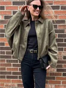 Women's Bomber Jacket Spring Coat Loose Long Sleeves Zip Vintage Jacket Ladies New Jacket Green Outerwears