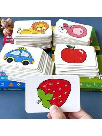 1/2/4pcs Children's Early Education Puzzle Set, 16pcs - Includes Cards With People, Occupations, Fruits, Vegetables And Vehicles - Colorful Cognitive Development Gift, Educational Matching Cards Puzzle, Intellectual Assembling Toys For Toddlers Boys And Girls
