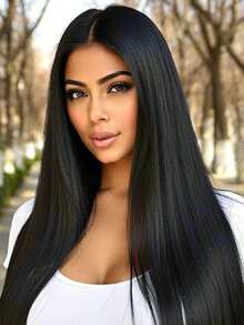 28 英寸女士黑色直发中分假发，耐热，优雅顺滑，百搭，适合圣诞节、狂欢节，适合所有女性 - 彩色 - 查看 6