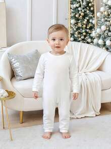 Family Matching Christmas Pajama Set, Solid Color Long Sleeve Tops And Plaid Pants Sleepwear Outfits - White - View 7