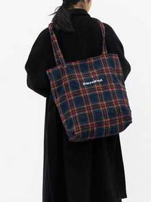 Campus 羊毛格纹单肩托特包，大容量通勤帆布包，适合大学生 - 彩色 - 查看 2