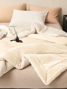 1件奶油白色亲肤柔软舒适牛奶绒羊羔绒缝制毛毯，适用于卧室和客厅 - 奶油白 - 查看 5