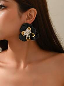 1 Pair Mori Style Sweet Fresh Floral Raffia Fabric Flower Tassel Earrings Suitable For Women Vacation And Daily Wear - Black - View 2