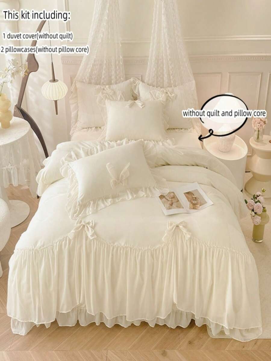 3pcs Princess Style Lace Bedding Set, White Bowknot Decor Duvet Cover & Pillow Shams (No Filling) - White - View 1