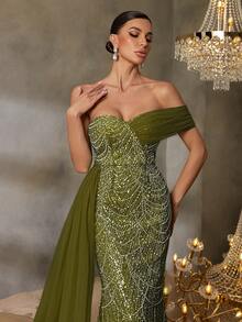 Faeriesty Elegant One-Shoulder Evening Gown With Diagonal Side-Sweep Drape & Sophisticated Mermaid Hemline Formal Dress For Weddings