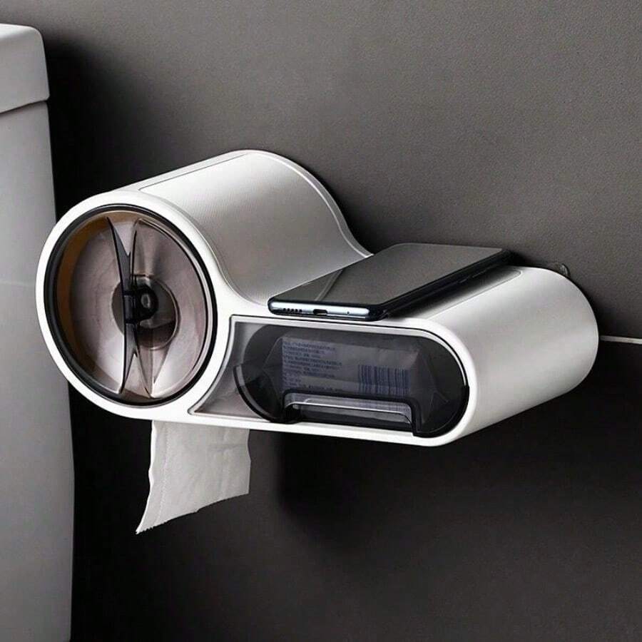 Wall-Mounted Waterproof Toilet Roll Holder, Bathroom Tissue Box With Phone Shelf & Storage Compartment - Default - View 1
