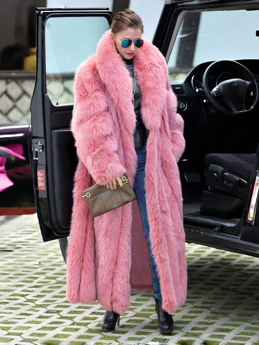 Luxury Women's Long Faux Fur Coat, Oversized Fit, Waterfall Collar, Flowing Winter Outerwear Pink - Hồng - Xem 1