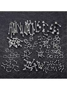 100pcs Piercing Jewelry Set, 14G 16G 20G Nose Rings, Lip Rings, Tongue Rings, Stainless Steel Cartilage Earrings, Barbells, Navel Rings, Body Piercing Accessories - 150 piece silver set - View 2