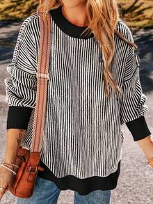 Acelitt Áo len chui đầu dài tay dáng rộng màu tương phản sọc thời trang - màu đen - Xem 3