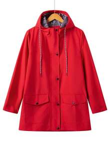 1pc Women's Outdoor Lightweight Waterproof Fabric Striped Hooded Zip-Up Long Sleeve Jacket, Spring/Summer - Redwood - View 1