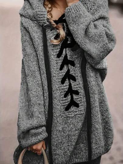 Casual Elegant Mature Daily Commute Women Knit Sweater, Plus Size Long Sleeve Hooded Drawstring Plus Size Pullover