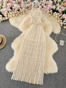 Women's Solid Color Sexy Backless Halter Neck Ruffle Lace Trim Seethrough Camisole & Maxi Skirt Set