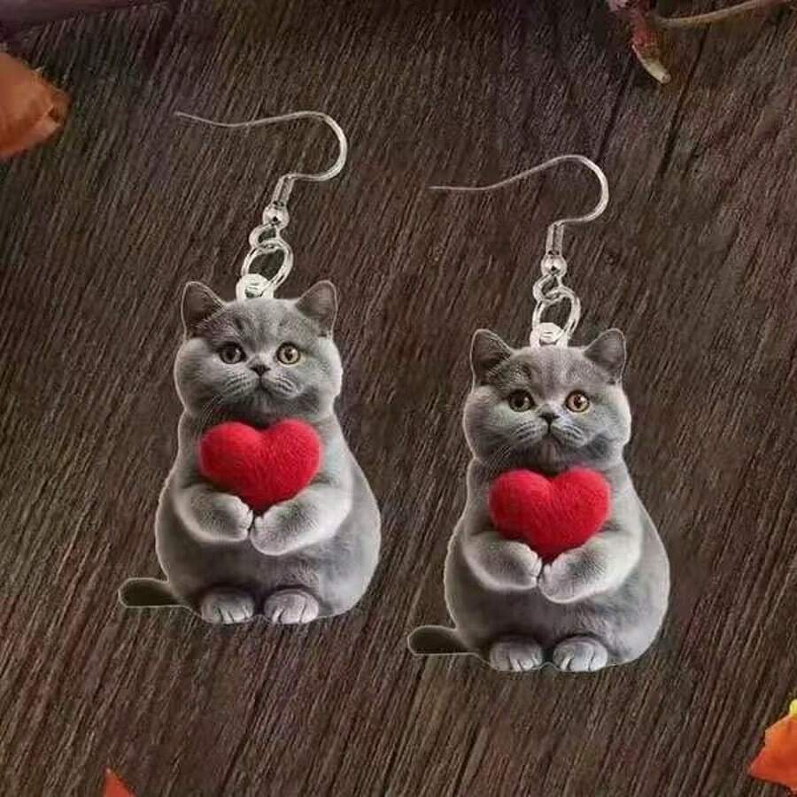 1 Pair Cute 2D Acrylic Blue Cat & Heart Shaped Cartoon Earrings, Suitable As Gift