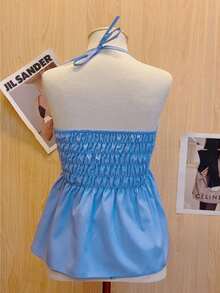 Butterfly Cropped Blouse With Ruffled Neck Tie - Blue - View 2