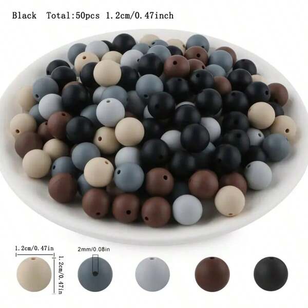 50pcs 12/15mm Mixed Color Silicone Round Beads, Suitable For Keychain, Necklace, Bracelet, Pen, Beading, Jewelry Making, Rainbow Color Rubber Beads For DIY Crafts