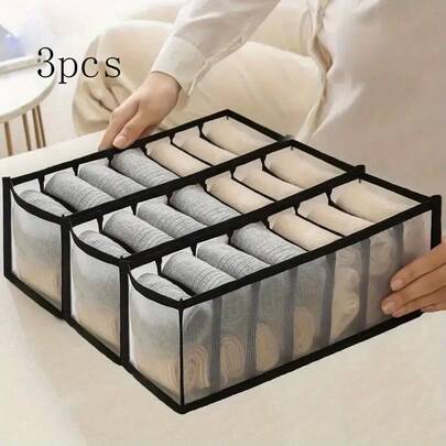 3 piezas Cajas de almacenamiento de tela negra con 7 compartimentos, estilo cajón plegable para almacenar pantalones y ropa interior, divisores de ropa duraderos, adecuados para la organización del armario del hogar, el almacenamiento y la organización de la ropa en el dormitorio