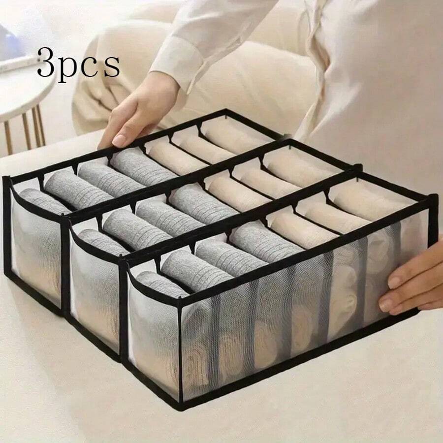 3个黑色布艺7格衣柜收纳盒，抽屉式可折叠收纳盒，用于存放裤子和内衣，耐用衣物分隔盒，适用于家庭衣柜整理、卧室衣物收纳和整理 - 彩色 - 查看 1
