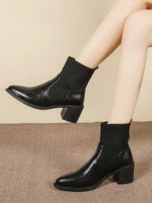 Botas Curtas de Malha e PU Recortadas Femininas, Botas Tipo Meia Estilo Fada, Bico Fino Salto Grosso Slip-On, Botas Tornozelo e Botinhas, Outono, Preto, Outono/Inverno