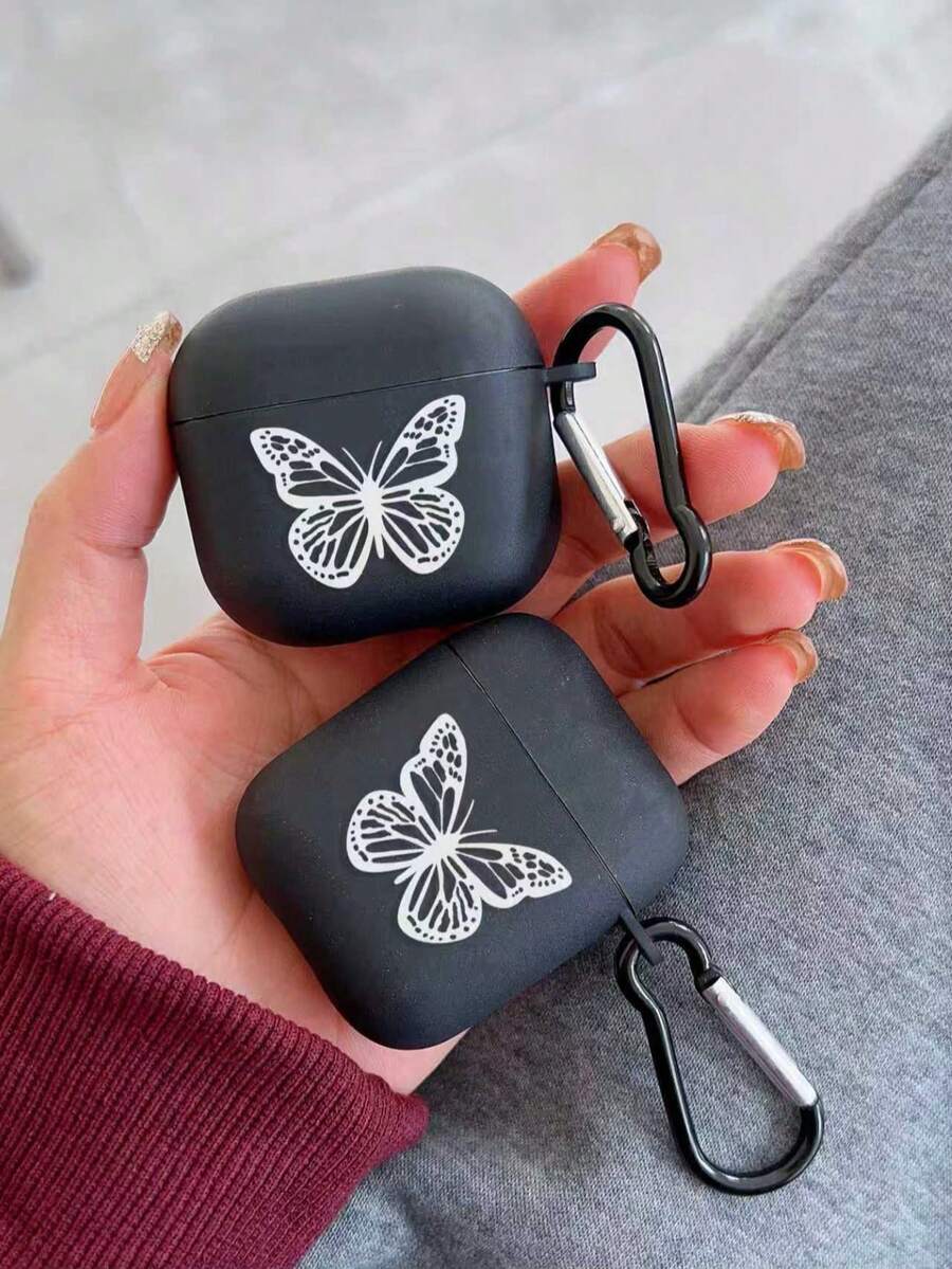 Matte Black Butterfly Print Soft Earphone Case With 1 Hanger, Compatible With AirPods 1/2/3/4/Pro - Multicolor - View 1