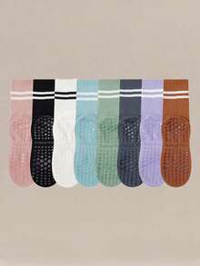 1/4/6 Pairs Women Striped Yoga Sports Socks, Spring/Summer Silicone Non-Slip Fitness Indoor Sports Mid-Calf Socks, Fall