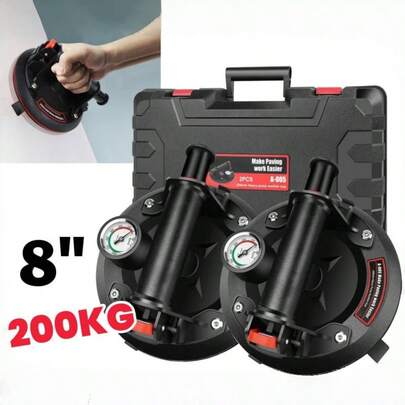 Vandise Sollevatore a ventosa manuale da 8 pollici con manometro, 2 pezzi, sollevamento da 400 kg per piastrelle di vetro, marmo, granito, pietra, forte aspirazione per impieghi gravosi