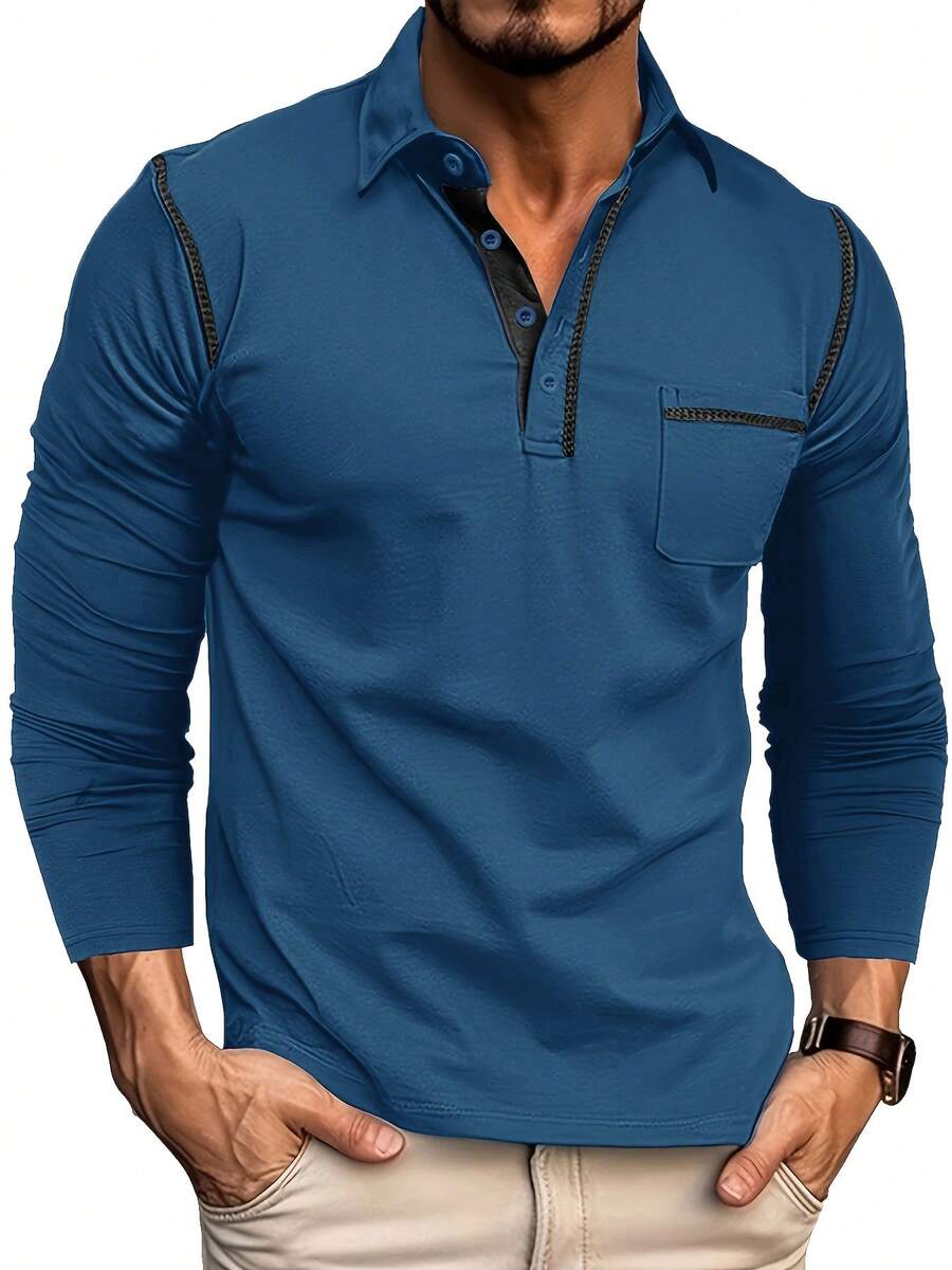 Contrast Color Stripe Decor Pocket Long Sleeve Henley T-Shirt For Men, Spring/Autumn