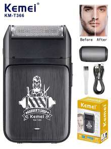 1PC Kemei Portable Men's Electric Foil Shaver Professional Beard Trimmer USB Rechargeable Facial Shaver Barber Reciprocating Shaver & Hair Removal Products, Home Salon Travel Halloween Christmas Gifts