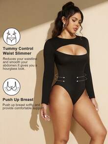 1pc Women Hollow Out Long Sleeve Sexy Chest Shaping Bodysuit - Black - View 3