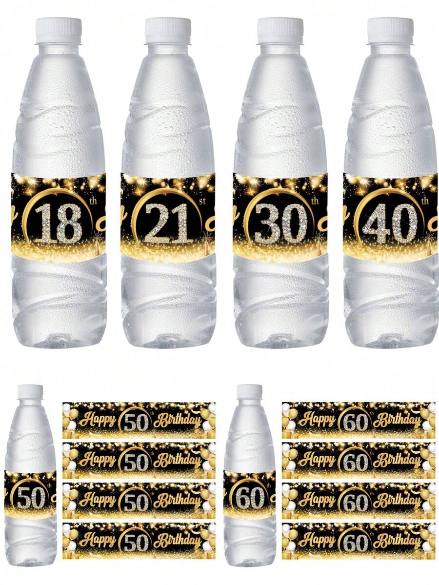 10 个黑金色 18 岁 21 岁 30 岁 40 岁 50 岁 60 岁生日瓶贴纸，带有“生日快乐”，饮料矿泉水瓶装饰贴纸，生日派对装饰用品，生日礼物，派对礼物，18 岁生日装饰，30 岁生日装饰，40 岁生日装饰，50 岁生日装饰，60 岁生日装饰