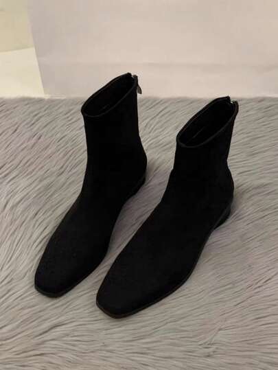 2025 秋冬新款韩版粗跟绒面踝靴，保暖内衬靴子，踝靴和短靴，秋季，咖啡色修身短靴女，优雅