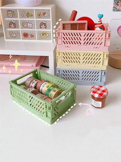 1pc Foldable Desktop Storage Basket, Student Stationery Organizer Rack, Multipurpose Makeup Cosmetic Storage Bin, Cute Colorful Mini Storage Box, Suitable For Bedroom, Office, Classroom, Bathroom, Study Desk Drawer