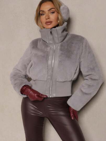 Short Fur Jacket With Elasticated Waistband And Collar