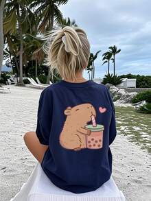 1 pieza Camiseta de manga larga con cuello redondo y estampado de caballo casual para niñas en el Día de San Valentín, ropa de otoño para estudiantes y niños pequeños - La llamativa camiseta con estampado de caballo definitivamente hará sonreír a la niña preadolescente - Azul Marino - Ver 5