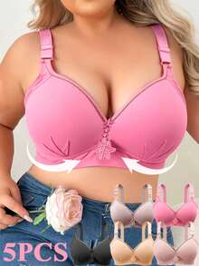 5pcs Large Size Thin Push Up Flower Bra Seamless Solid Color Women Bralettes - 彩色 - 查看 1