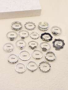 20pcs/Set Vintage Bat, Butterfly, Skull, Flower, Heart Chain Natural Stone Handmade Beaded Knuckle Rings Set, Women Party Gift - Antique Silver - View 4