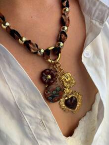 1pc Vintage Design Khaki Leopard Print Scarf, Autumn/Winter; Ceramic, Resin, Enamel & Stainless Steel Multi-Element Pendant Niche Necklace For Women - Brown - View 2