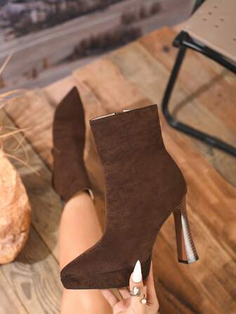 Botines de tacón grueso de ante para mujer, de unicolor, con cremallera lateral unisex, adecuados para fiestas, otoño/invierno, tacones altos