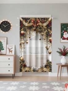 1pc Christmas Ball & Element Pattern Premium Decorative Curtain Rod Pocket Sheer Curtain, All Season Use For Outdoor, Gazebo, Bedroom, Kitchen, Office, Study, Living Room - Semi-Sheer (100g Fabric Weight) Home Decor Christmas Decorations Room Decor Christmas Decorations Home