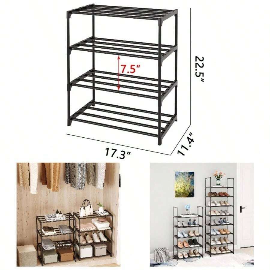 Small Stackable Shoe Rack, Narrow Shoe Stand, Metal Shoe Storage Shelf 6 - 8 Pairs Of Shoes Entryway And Closet Hallway3 - Tier, Black