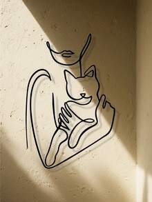 1 szt. Elegancka, kuta, żelazna dekoracja ścienna z kotem – minimalistyczny rysunek liniowy kobiety trzymającej kociaka, czarny metalowy element wystroju salonu/sypialni/biura/kuchni, idealny prezent dla miłośników kotów i zwierząt, 2D płaski wystrój pokoju