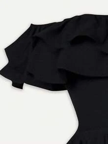 女士纯色极简露肩蕾丝边上衣，适合日常穿着、音乐节、优雅夏季穿搭、度假装扮，黑色 - 黑色 - 查看 4