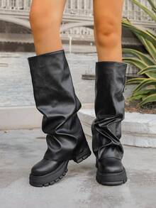 DareSee 秋冬新款女鞋，时尚圆头厚底过膝长靴，黑色、棕色、白色、米色百搭褶皱粗跟长靴，休闲翻边靴，舒适多场合百搭摩托车靴，舒适西部长筒骑马靴，圣诞礼物 - 黑色 - 查看 10