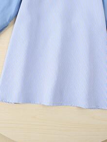 Autumn Girls' Collegiate Style Blue & White Striped Bow Decor Long Sleeve Casual Dress, Comfortable For Everyday Wear